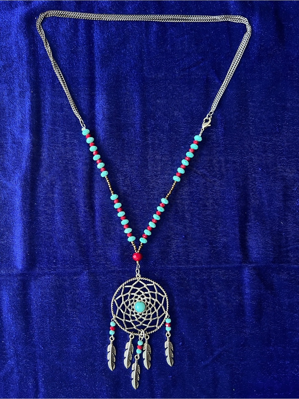 Bohemian Brass-Tone With Turquoise & Red Dreamcatcher Pendant Necklace